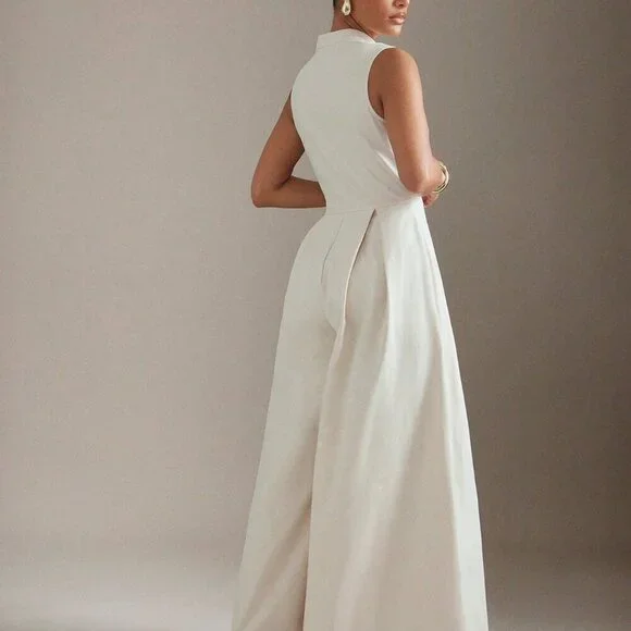 Apricot Elegant Women's Extreme Wide Leg Zip Front Sleeveless Jumpsuit